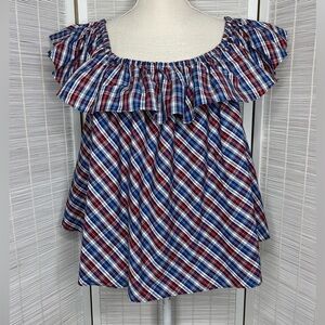 Petersyn Roxie Off Shoulder Plaid Ruffle Cotton Top Red Blue White XS